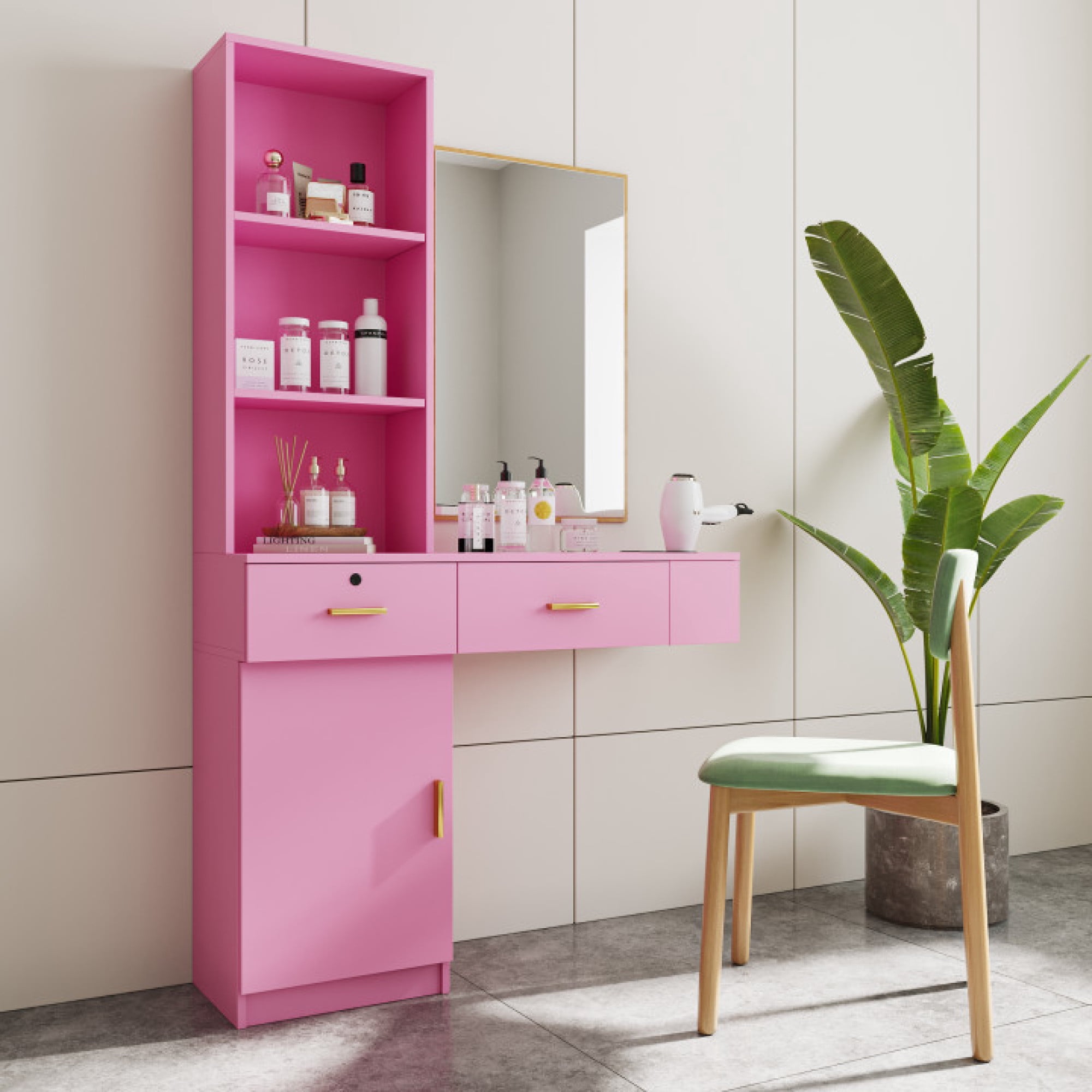 Modern Vanity Desk with Lights Makeup Vanity Dressing with Mirror Large Storage Space Pink
