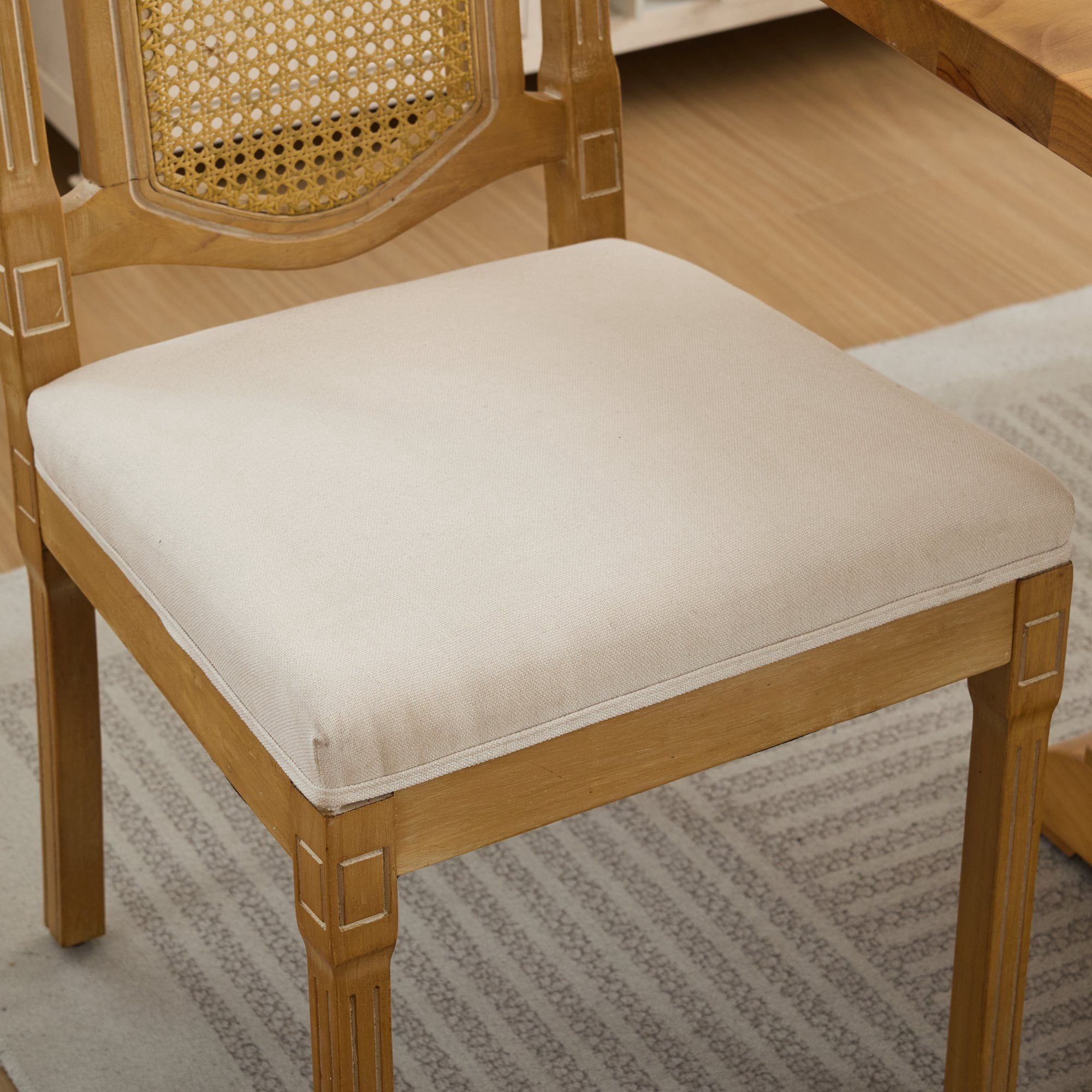 Dining Chairs Set of 2, Solid Wood Dining Chairs, Rattan Back Chairs&nbsp;Ergonomic High Rattan-Back Design For Lumbar Support, Premium Matte Linen Cushion With S-Springs, Rustic Cafe Style