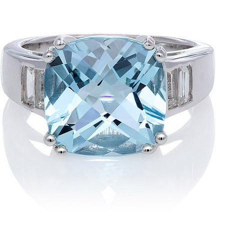 Blue Topaz Cushion-Cut with White Topaz Baguettes Sterling Silver Ring, Size 7