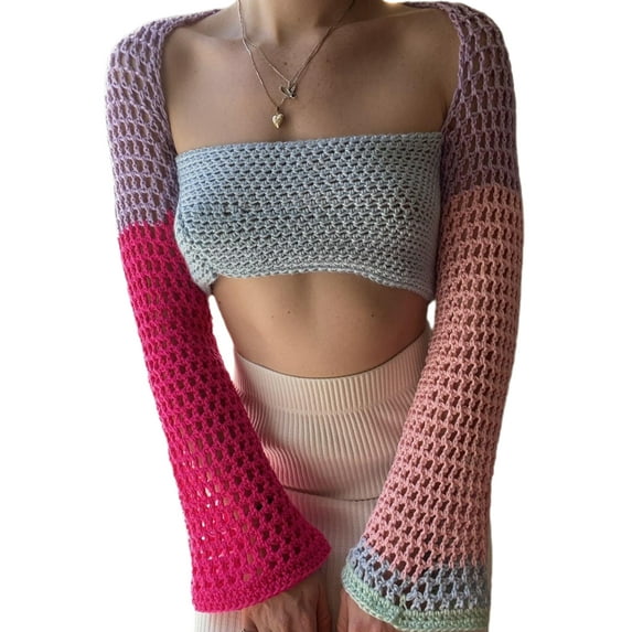 Franhais Women Patchwork Crochet Pullover, Long Sleeve Square Collar Hollow Out Cropped Tops