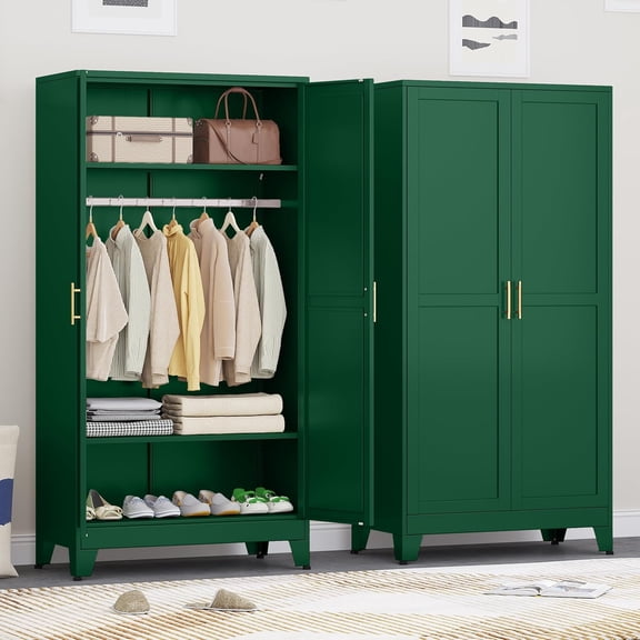 71" H Metal Armoire Wardrobe Closet, Adjustable Shelve, Clothes Drying Pole, Steel Wardrobe Cabinet for Bedroom (Green)