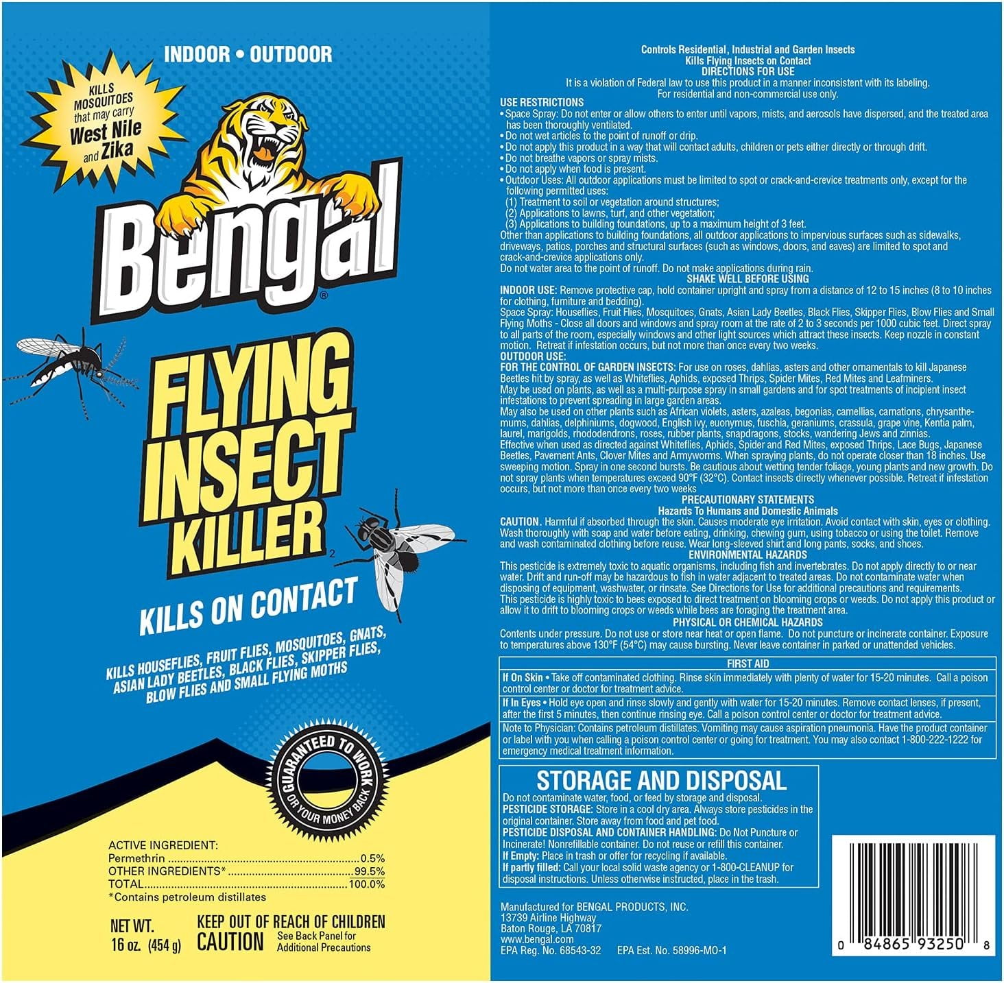 Bengal Flying Insect Killer Spray, Indoor and Outdoor - Insecticide - 2 Count, 16 Oz