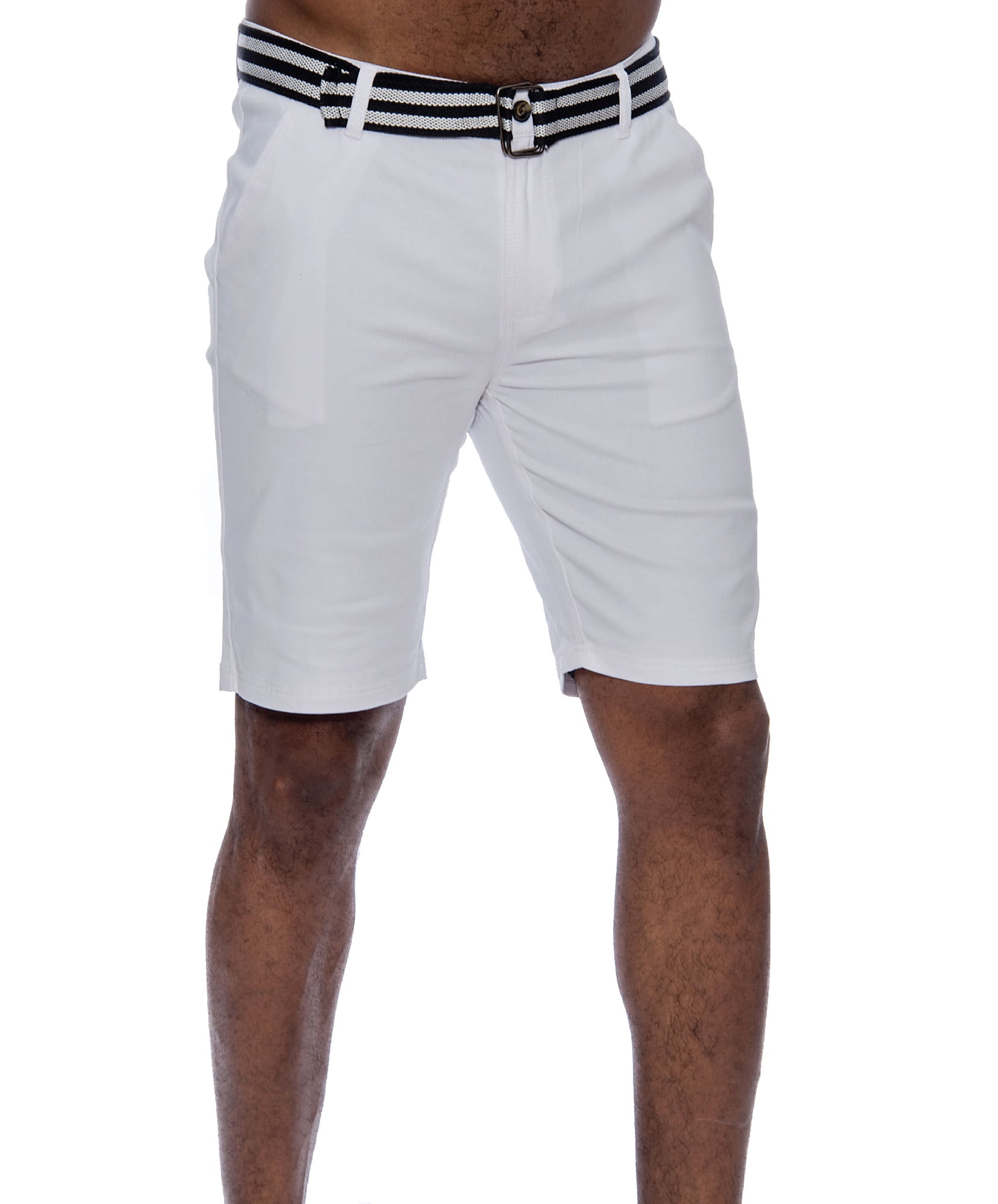 9 Crowns Men's Flat Front Slim Fit Stretch Belted 10" Shorts (White, 36