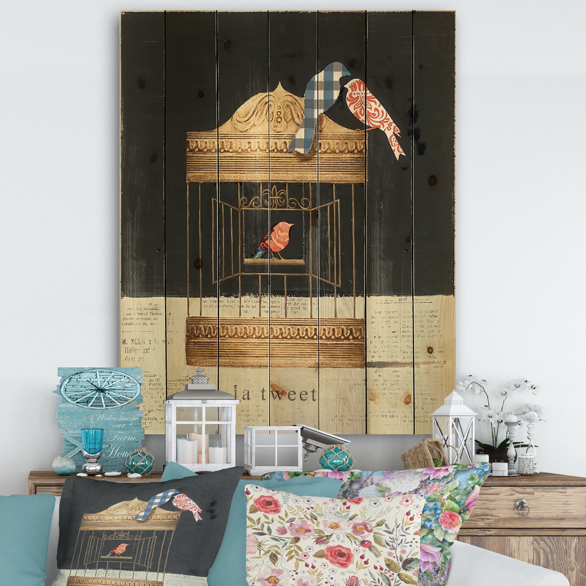 Designart 'Abstract Birds and Tweet Gold Birdcage Collage' Traditional Print on Natural Pine Wood