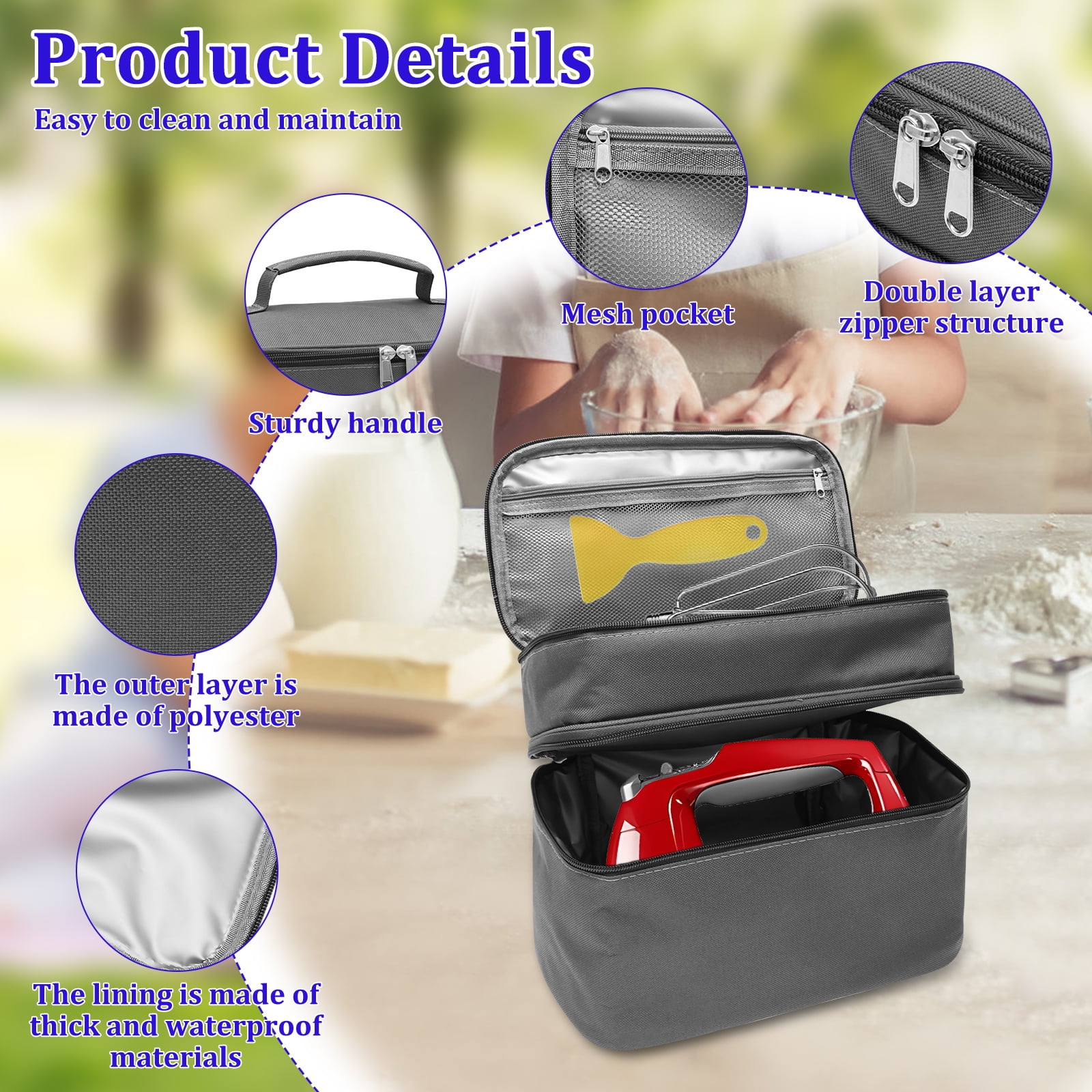 Grusce Hand Mixer Case, Immersion Blender Attachment Storage Bag Blender Stick Handheld Carrying Case with Handle, Hand Mixer Accessories Portable Travel Organizer