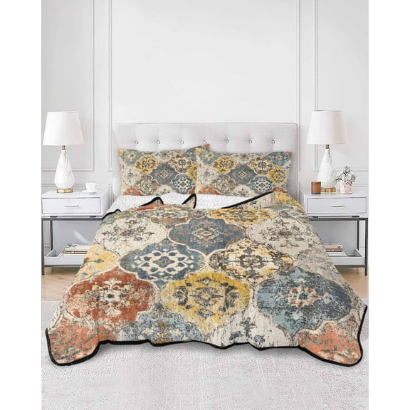 Quilts Twin XL Size, Vintage Boho Soft Comforter Bedding Set for Bed, Chic Farmhouse Neutral Morocco Geometric Lightweight Quilted Bedspread with Pillow Cover(2 Pieces) for All Season, 68x98 Inch