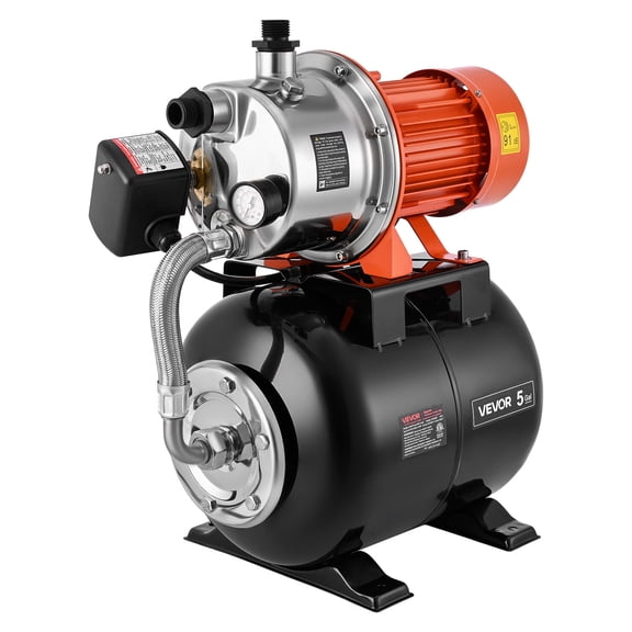 VEVOR 1.6 HP Shallow Well Pump with Pressure Tank, 120V 1320 GPH, Stainless Steel Irrigation Jet Pump with 5-Gal Pressure Tank, Automatic Water Booster System, for Home Garden Lawn, Potable Water