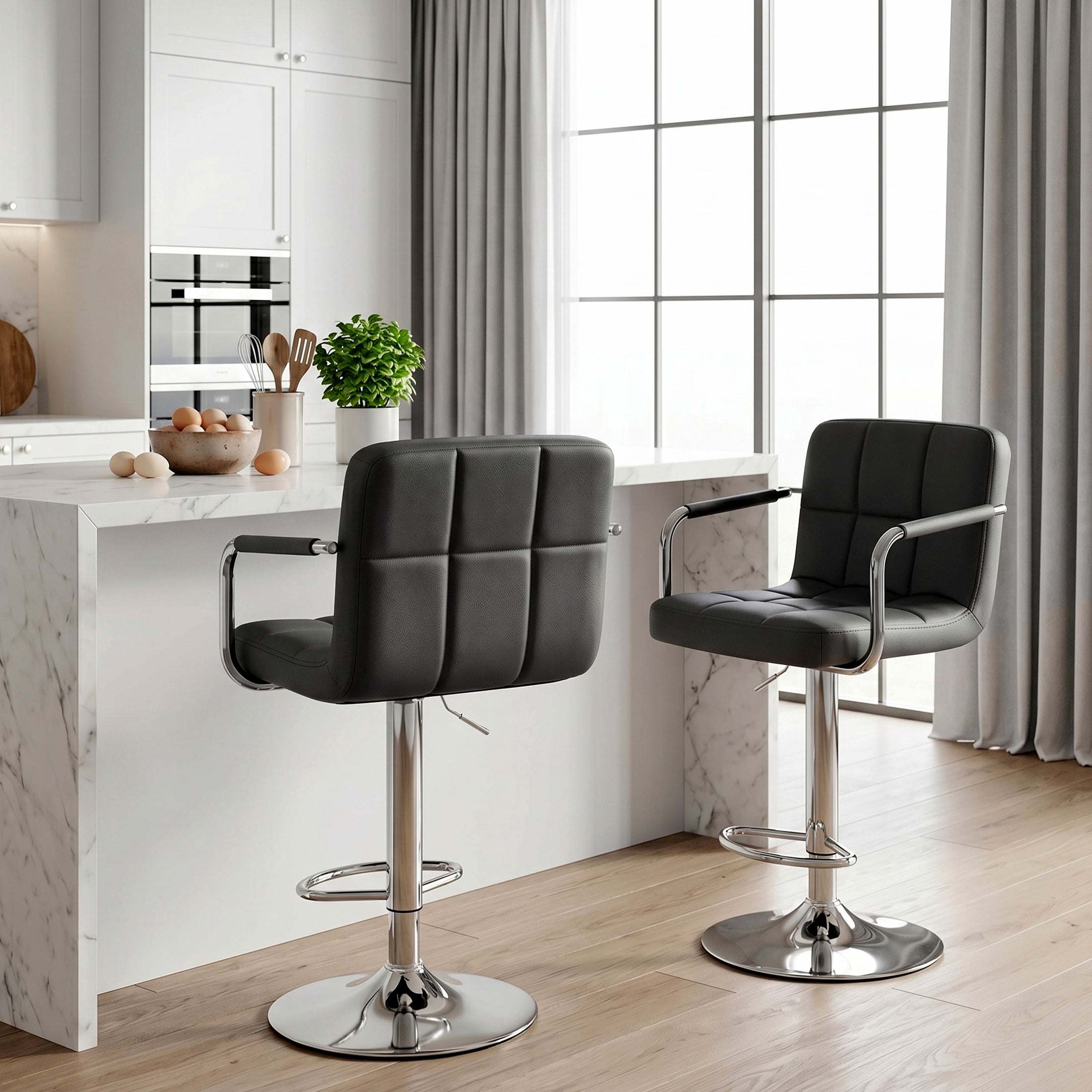 CONCETTA Set Of 2 Swivel Bar Stools With Armrests, Made of Adjustable Pu Leather with Back & Footrest,Black