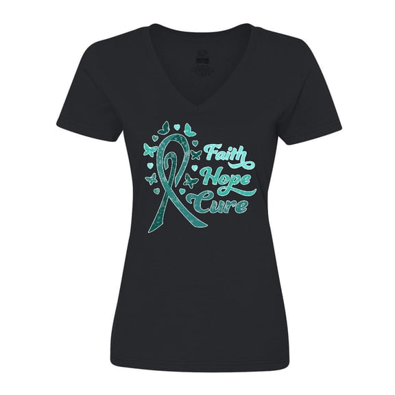 Inktastic Faith Hope Cure Ovarian Cancer Awareness Women's V-Neck T-Shirt
