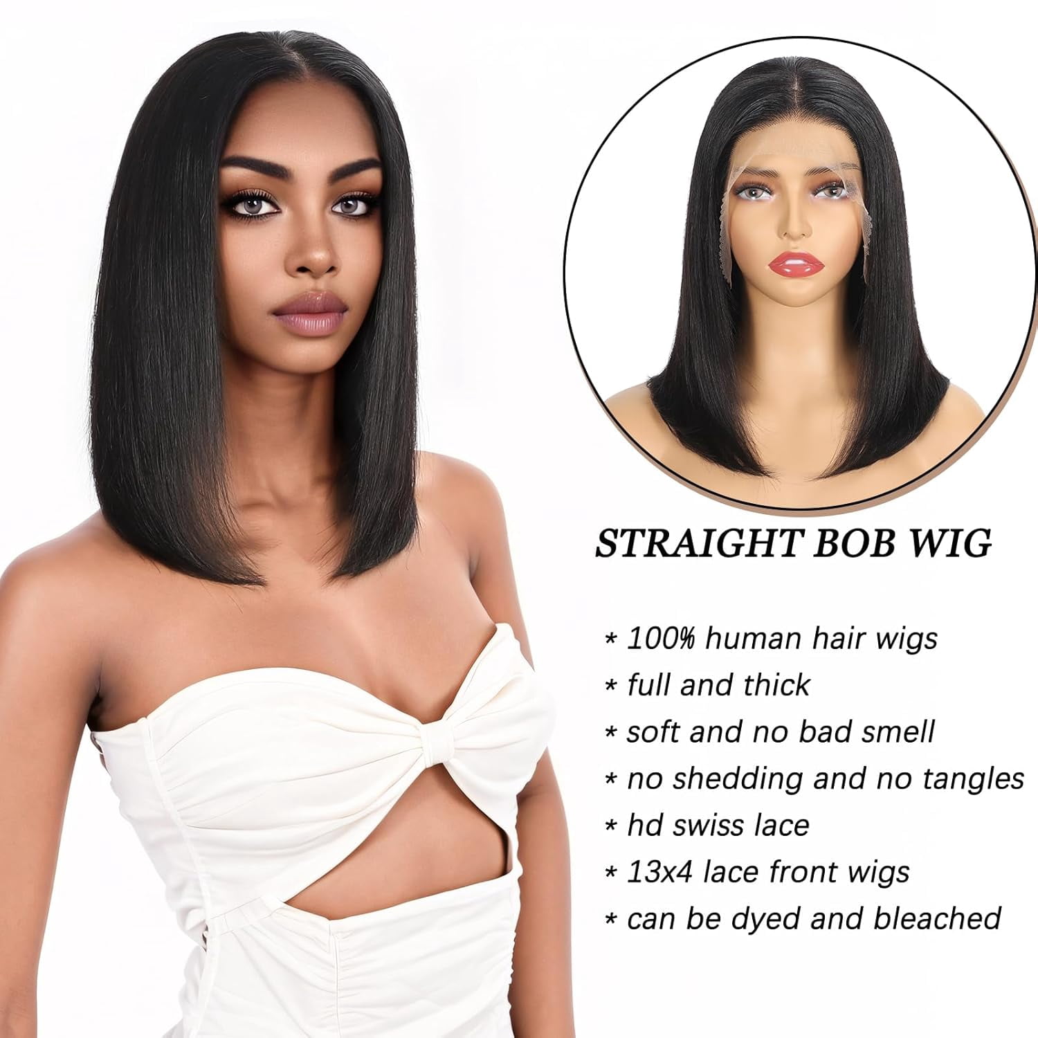 Straight Bob Wig Human Hair 13x4 HD Lace Front Bob Wigs for Black Women 180% Density 12A Glueless Bob Wigs Human Hair Pre Plucked with Baby Hair 12 Inch Bob Human Hair Wig Natural Black
