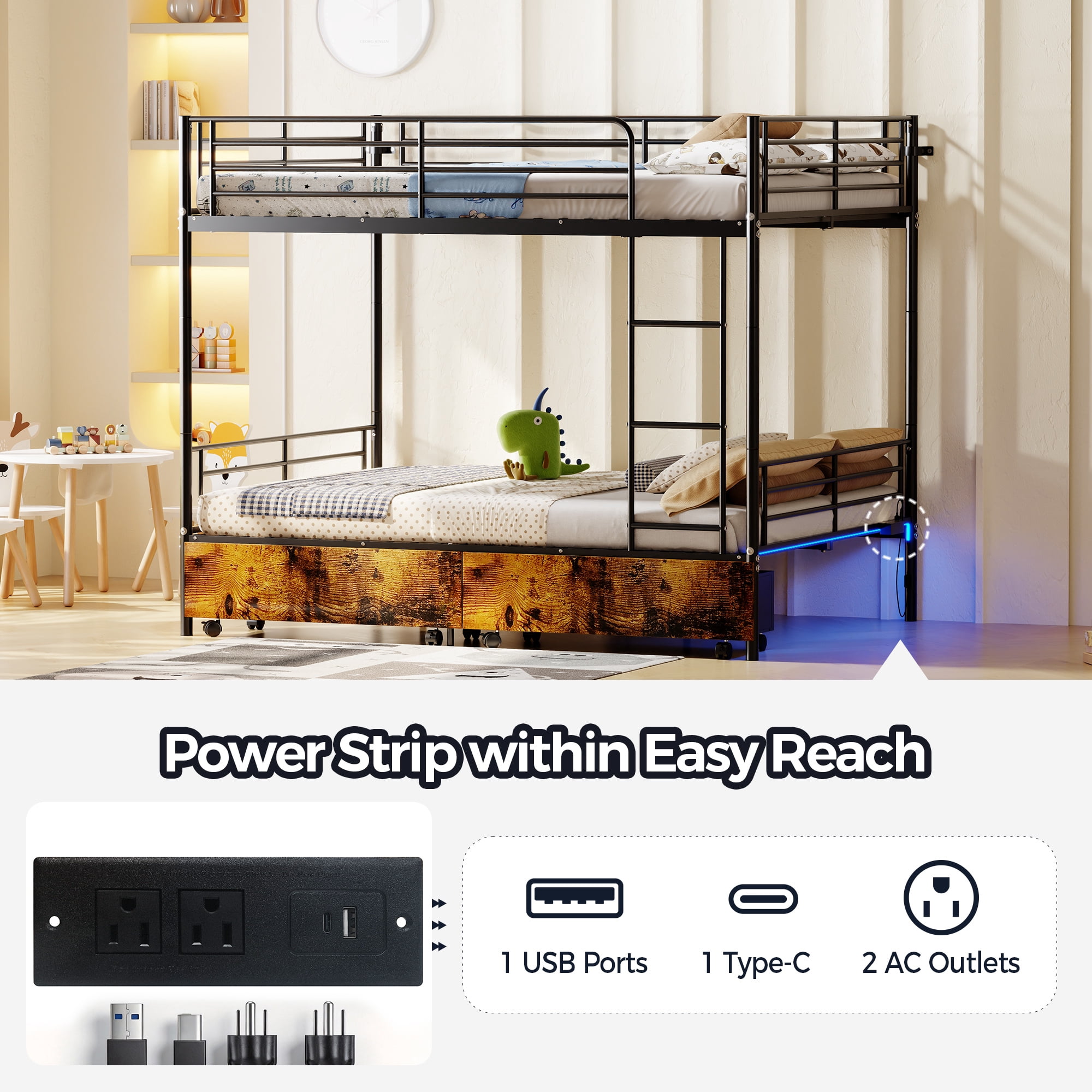 Leumius Twin Over Twin Metal Bunk Bed with USB Charging Station,Able to Split into 2 Twin Beds,Metal Bunk Bed with Safety Guardrail & Ladder,No Box Spring Needed,Black