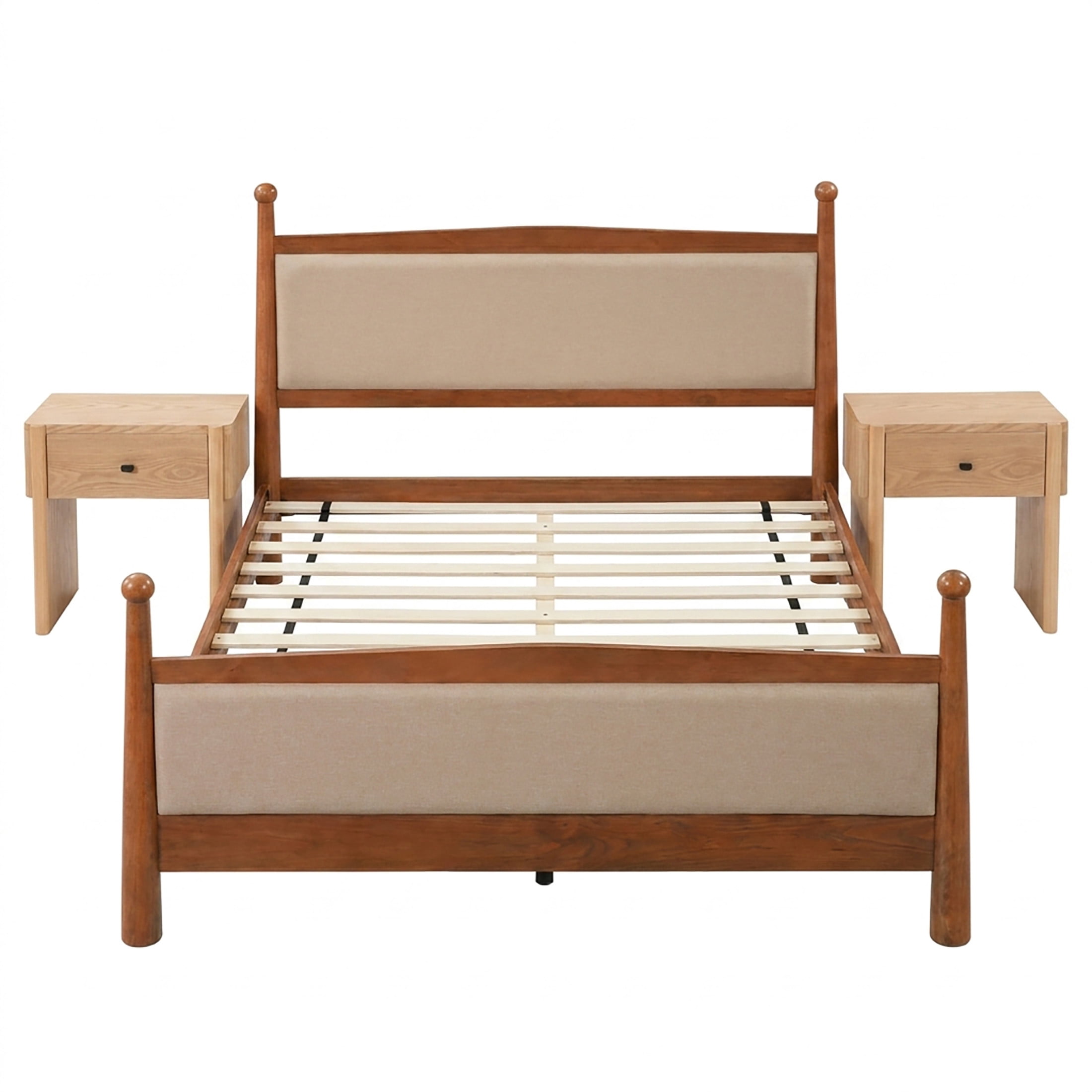 Christopher Knight Home 3-Piece Modern Bedroom Set, Queen Upholstered Bed with 2 Nightstands, Cherry+Natural