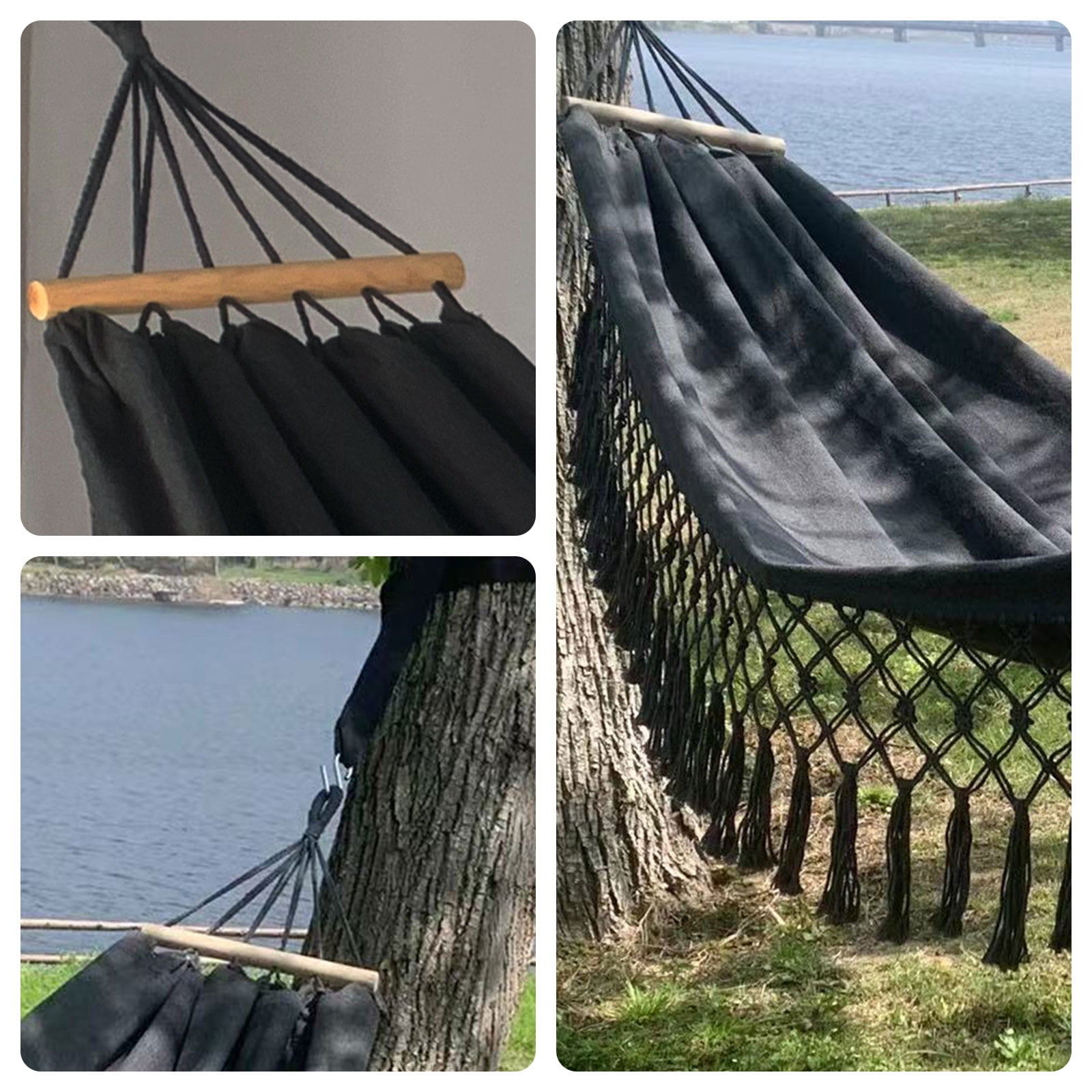 Portable Hammock Boho Tassel Nest Hammock Camping Double Hanging Swing Bed Suitable for Yard, Beach, Backyard, Garden (Dark Gray)