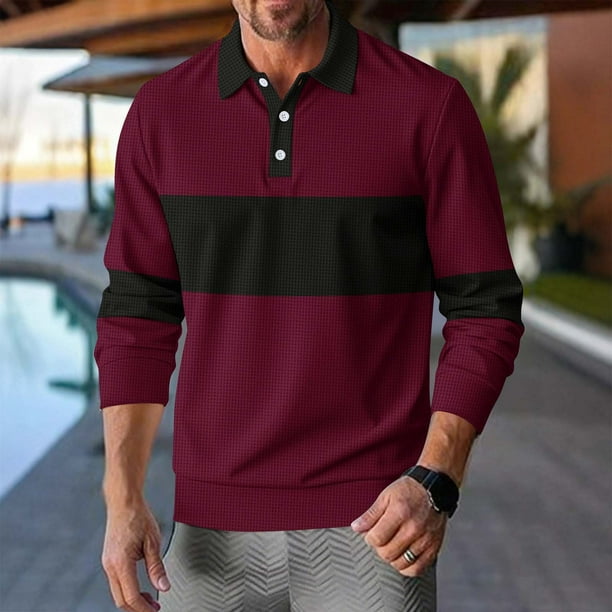 pstuiky manga larga para hombre, Camiseta de manga larga con solapa y botones de color liso para hombre Tops de hombre l