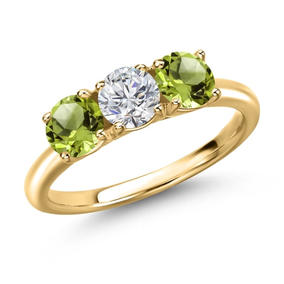 Gem Stone King 18K Yellow Gold Plated Silver Lab Grown Diamond and Green Peridot Engagement Ring for Women | 1.60 Cttw | Round 5MM | Gemstone April Birthstone | Size 9