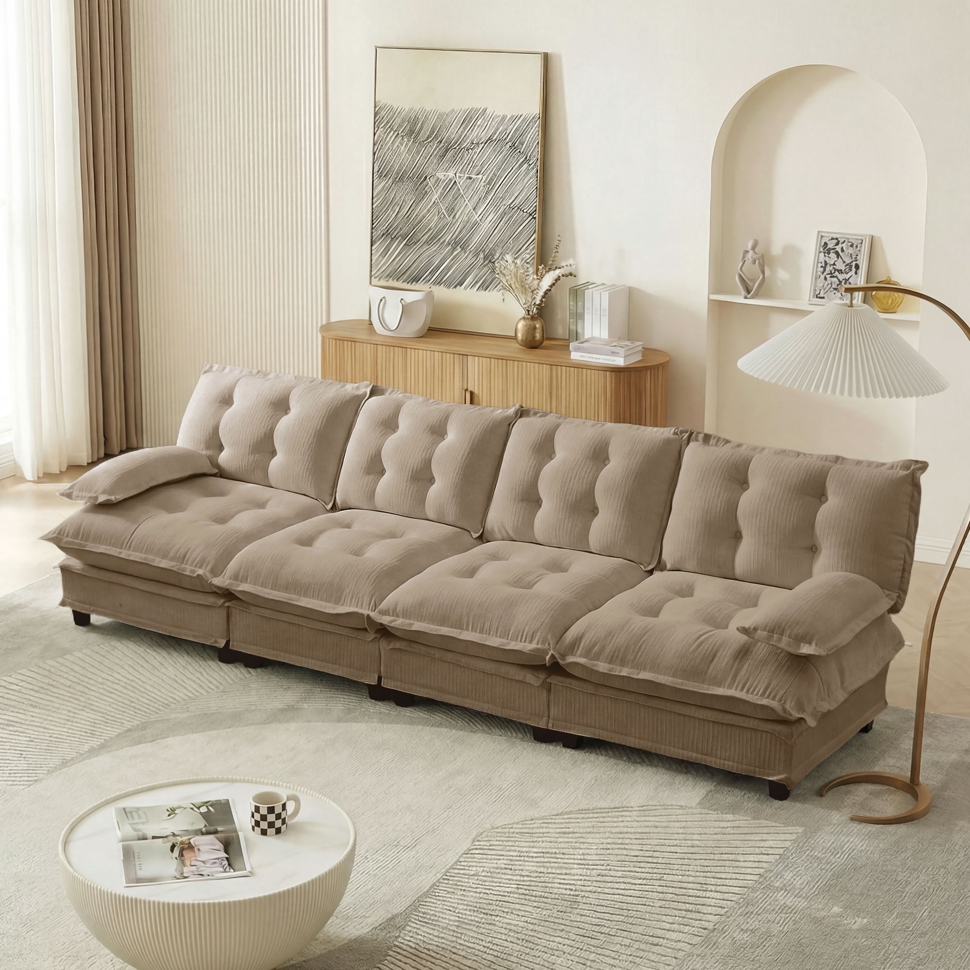 MAYEERTY 138 Inch Cloud Sectional Sofa, 4-Seater Chenille Modular Couch, Solid Wood & Metal Frame for Living Room Home Apartment