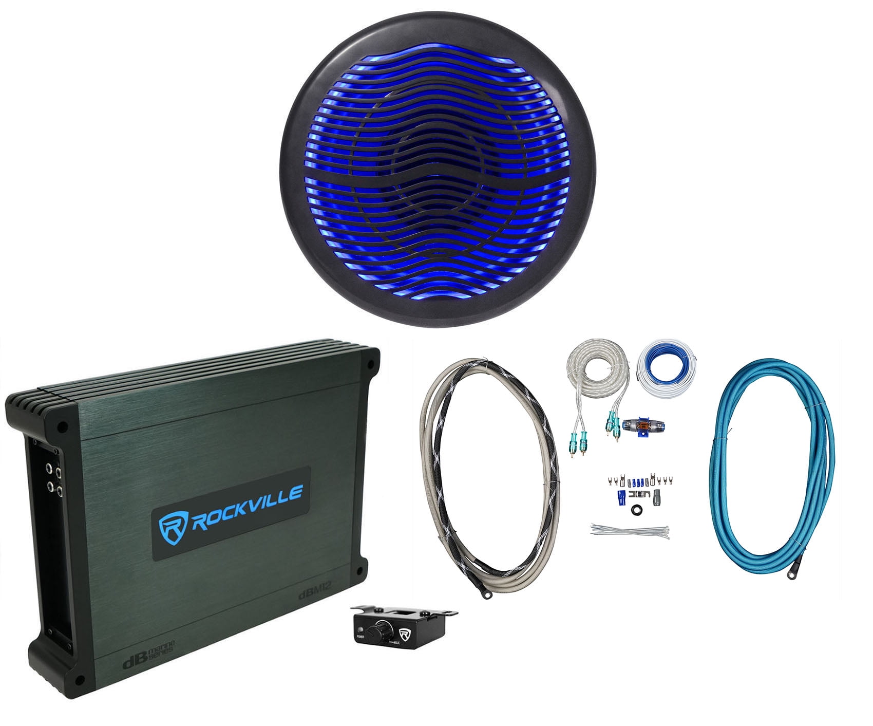 Rockville MS10LB 10" 2400w Black Marine/Boat 10" LED Free Air Subwoofer+Mono Amp+Wire Kit