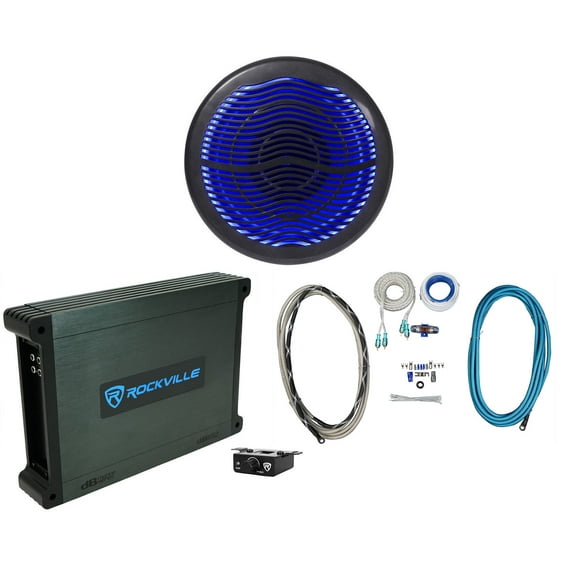 Rockville MS10LB 10" 2400w Black Marine/Boat 10" LED Free Air Subwoofer Mono Amp Wire Kit