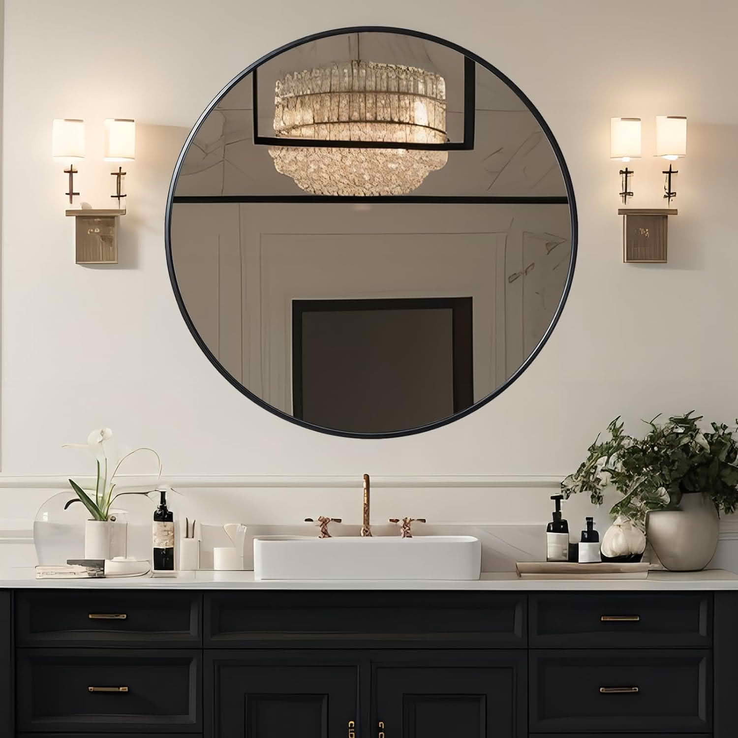 MAYEERTY 39 Inch Black Metal Framed Round Bathroom Wall Mirror, for Large Bathroom Decor
