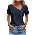 thumbnail image 1 of Women Fashion Solid Pullover V Neck Button Top Short Sleeve Loose T Shirt, 1 of 5