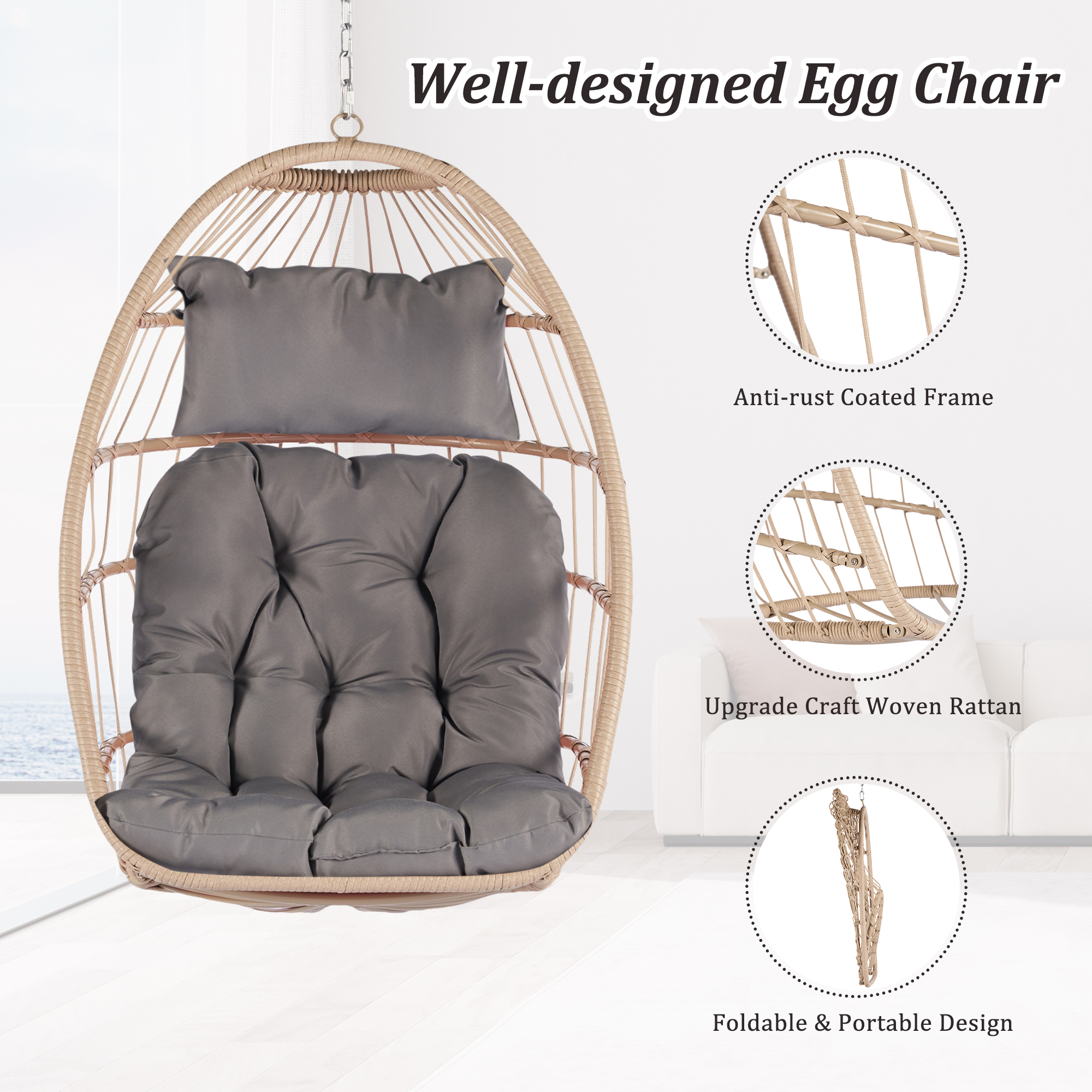 Patio Wicker Hanging Chair, Egg Chair Hammock Chair with UV Resistant Cushion and Pillow for Indoor Outdoor, Patio Backyard Balcony Lounge Rattan Swing Chair - image 4 of 6