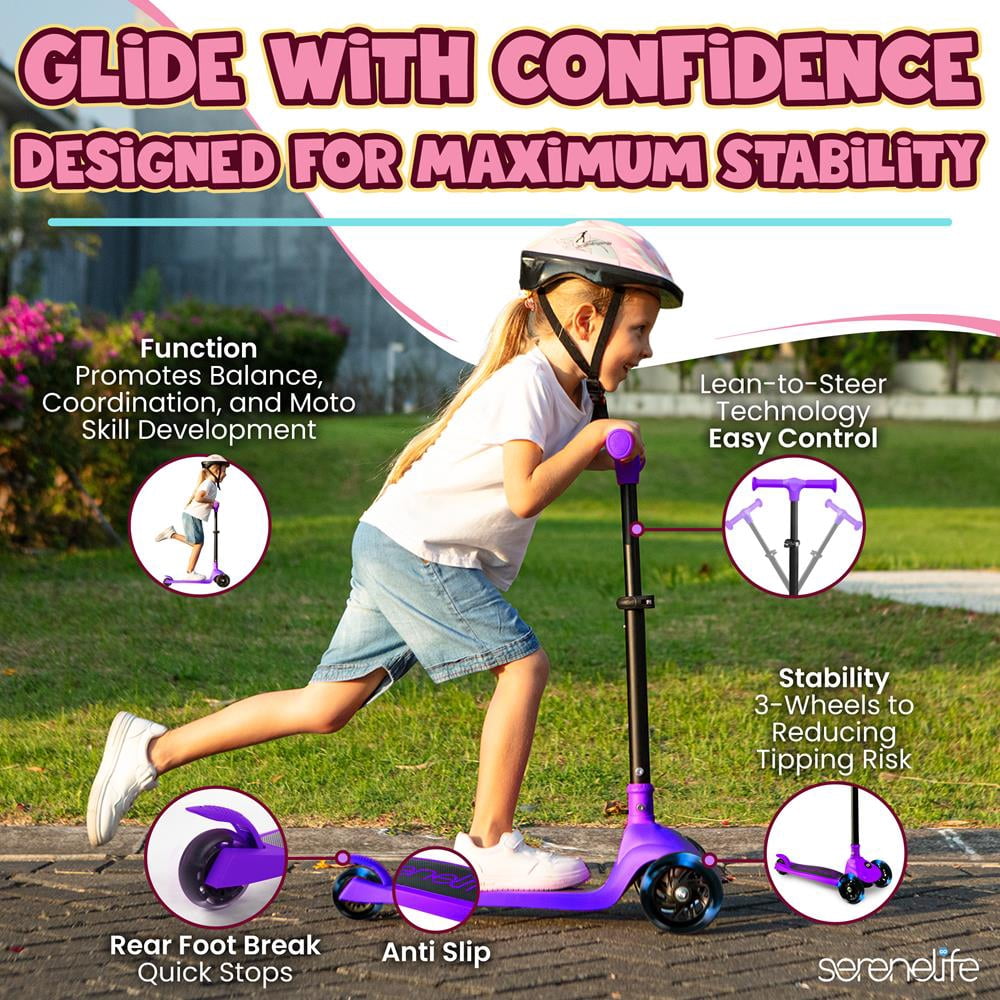3-Wheel Foldable Kids Scooter - Child Toy Scooter with Built-in LED Wheel Lights, and Easy Maneuvering Lean-to-Steer Technology (Purple)