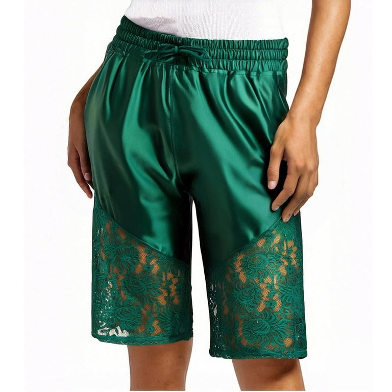 Women's High Waisted Satin Bermuda Shorts Y2K Lace Trim Knee