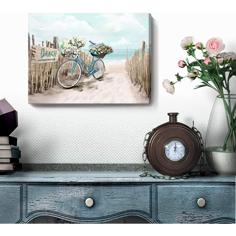 Beach Canvas Wall Art for Bathroom Ocean Pictures Seaside Bicycle