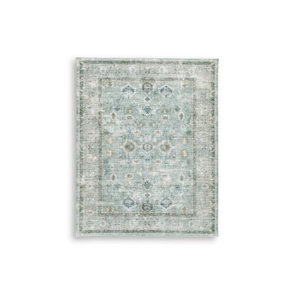 Signature Design by Ashley Ladstoney 8' x 10' Memory Foam Area Rug, Teal/Beige/Ochre Botanical Faux Fur Rug