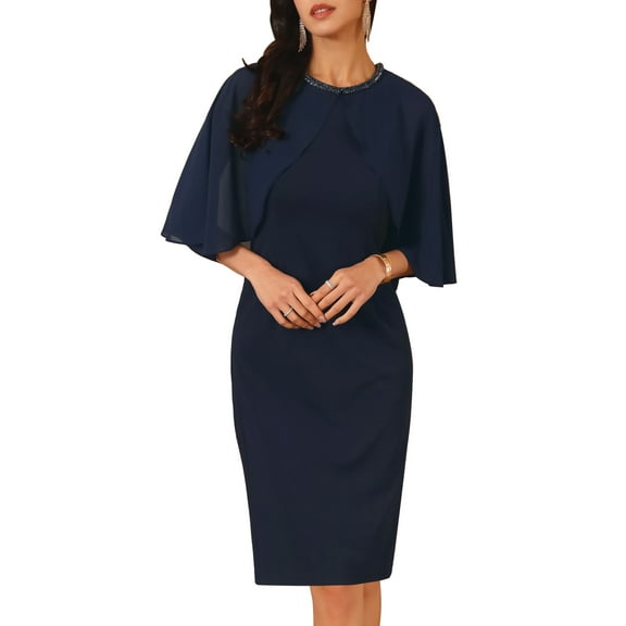 DARING DIVA Elegant Chiffon Cape Beaded Neckline Dress L Navy Blue