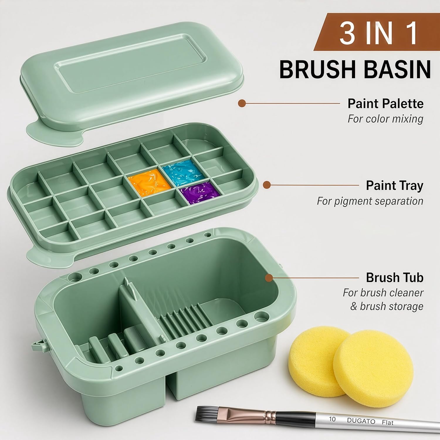 3-in-1 Paint Brush Cleaner, Washer, Holder & - Artist Basin with Lid & Sponges for Acrylic, Watercolor, Oil Painting - Art Studio Organizer (Green)