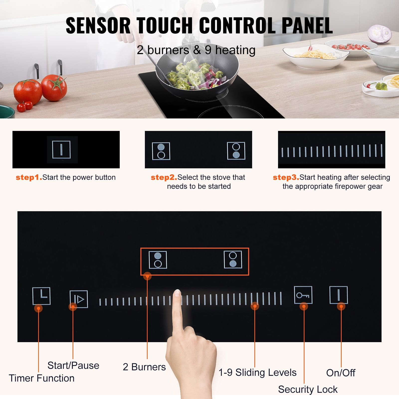 KFFKFF 2 Burner Electric Cooktop, 20 x 11.6 inches, 240V 3000W Glass Heat Plate with Touch-Sensitive Controls, Inbuilt Timer and Child Safety Feature, 9 Adjustable Heat Settings for Kitchen