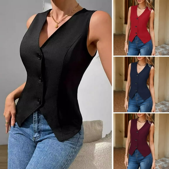 tasrioml Women's Dressy Suit Vest V-Neck Button Down Blazer Waistcoat Sleeveless Crop Top Slim Fit Work Office Outfit