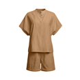 thumbnail image 3 of BODOAO Women's Linen Short Set Short Sleeve Button Shirt and Wide Leg Shorts Loose Fit Summer Casual 2 Piece Outfit for Beach, Vacation, Resort, Lounge and Daily Wear Outfits Khaki M, 3 of 4