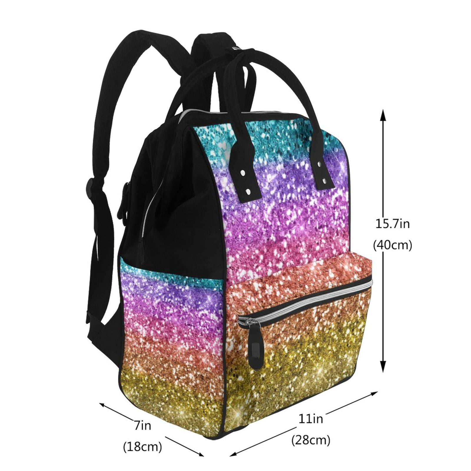Ratiio Glitter Rainbow Mummy Backpack - Waterproof Twill Canvas, Large Capacity Diaper Bag with Multiple Pockets and Adjustable Straps