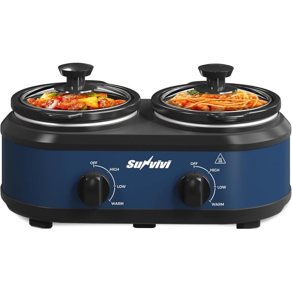 Double Slow Cooker,2 Removable Pots Small Mini Crock Buffet Server and Warmer with Adjustable Temp, Visible Glass Lids, Dishwasher Safe, 2 x 1.25 Quart, Blue