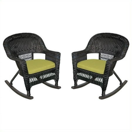 Jeco Wicker Rocker Chair in Black with Green Cushion (Set of 2)