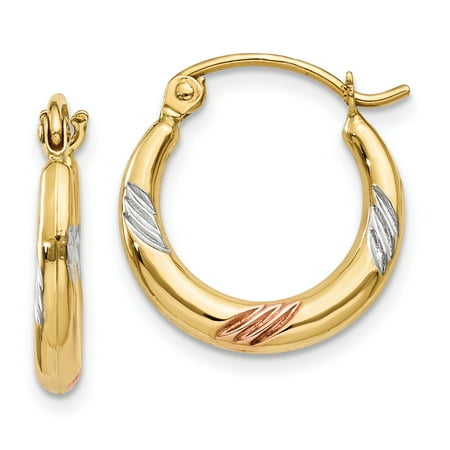 14k Solid Yellow Gold & White & Rose Rhodium Polished & Textured Hoop (Best Product To Add Texture To Fine Hair)