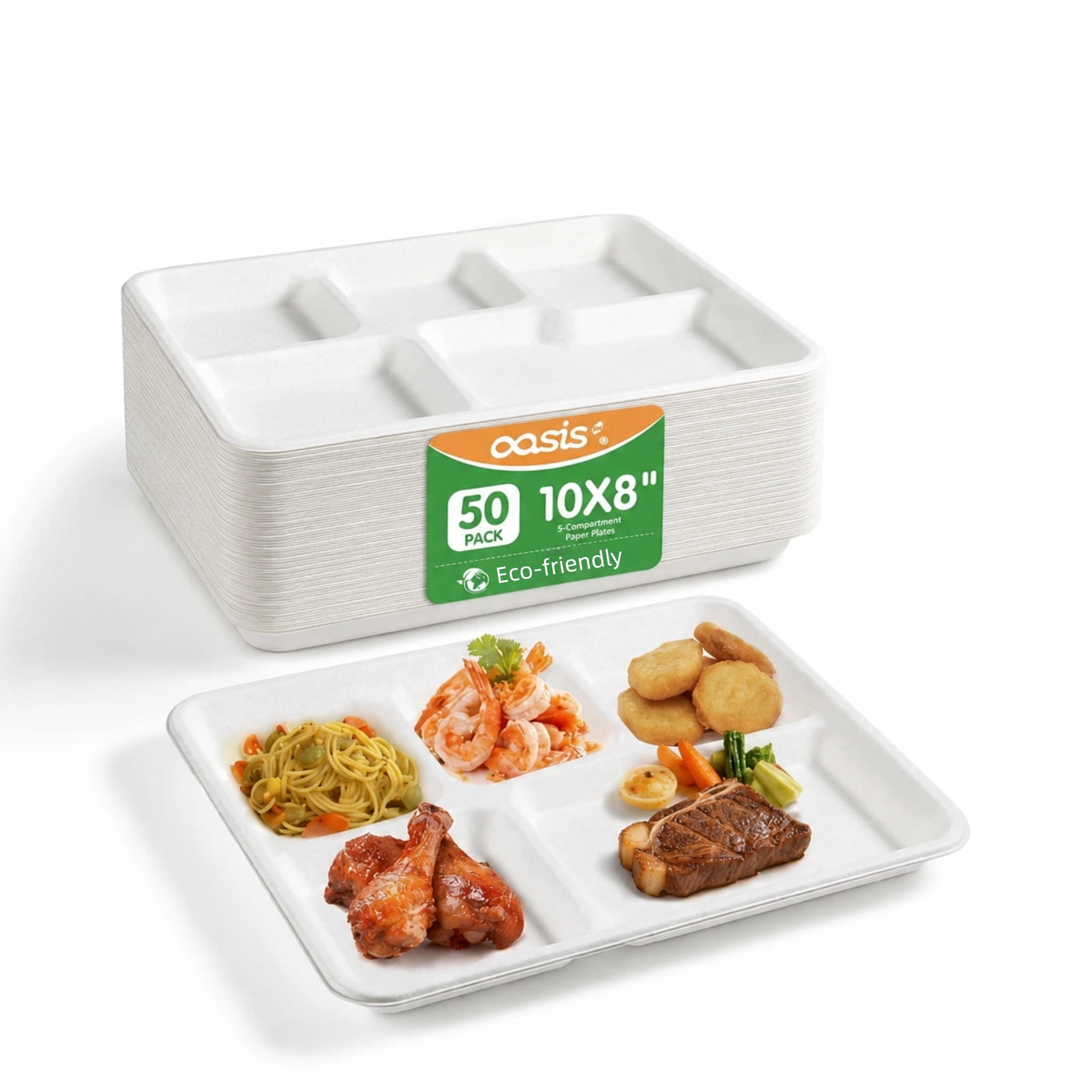 OasisSN 5 Compartment Plates, 10*8 Inch 50 Pack Small School Lunch Tray, Plate Dividers,Heavy Duty Eco-Friendly Container Food Tray