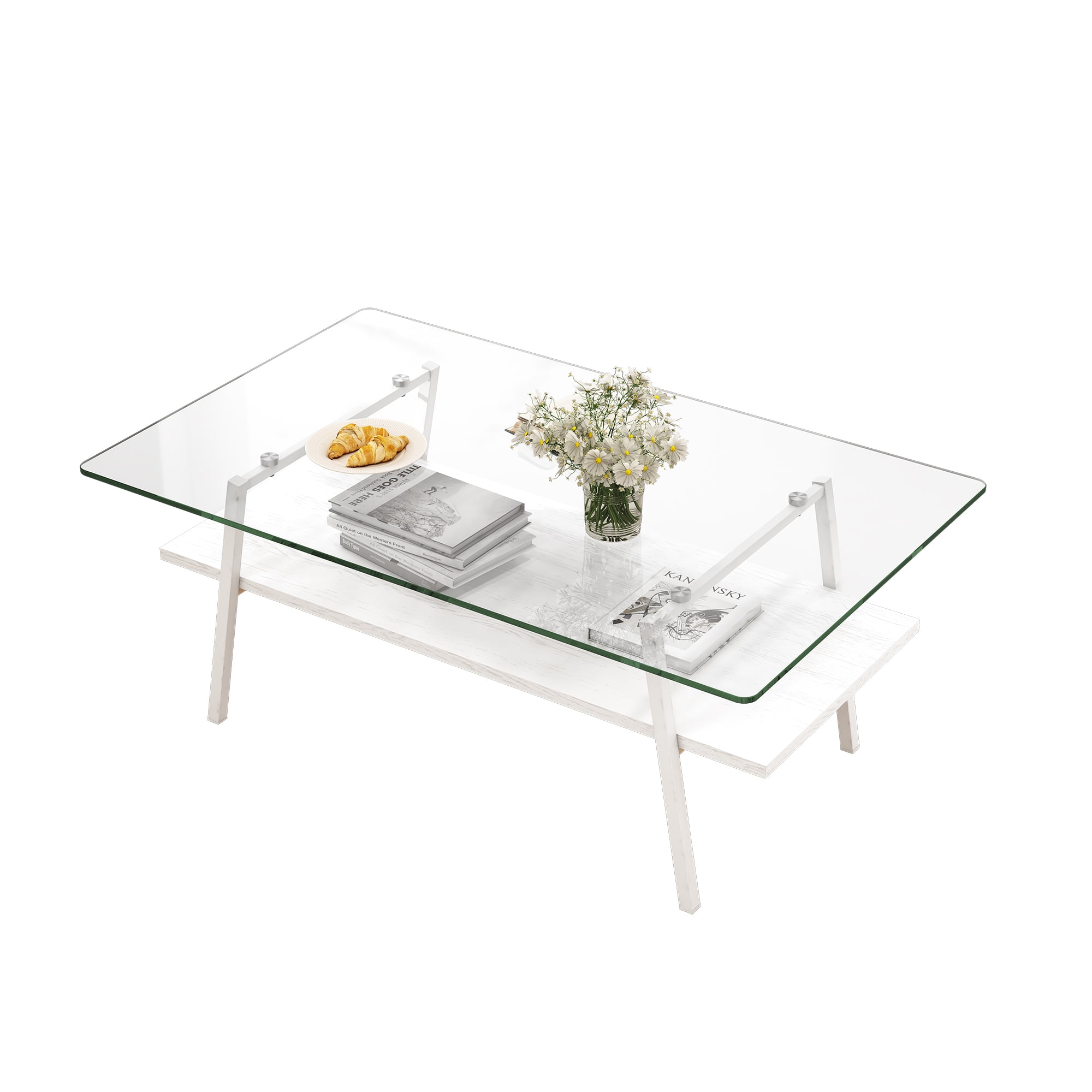MAYEERTY Rectangle Coffee Table with Tempered Tempered Glass Top and White Metal Legs