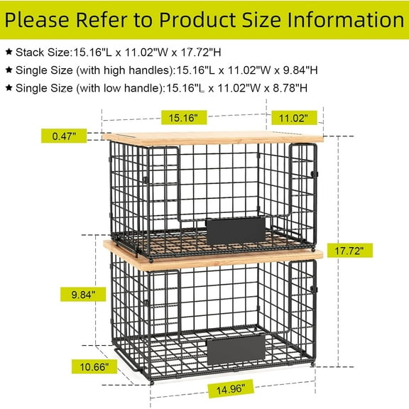 2 Pack Stackable Wire Baskets with Bamboo Top for Pantry Organizers and Storage, XXL Kitchen Organization Counter Basket for Fruit, Vegetable, Produce, Bread, Potato and Onion Storage Bins