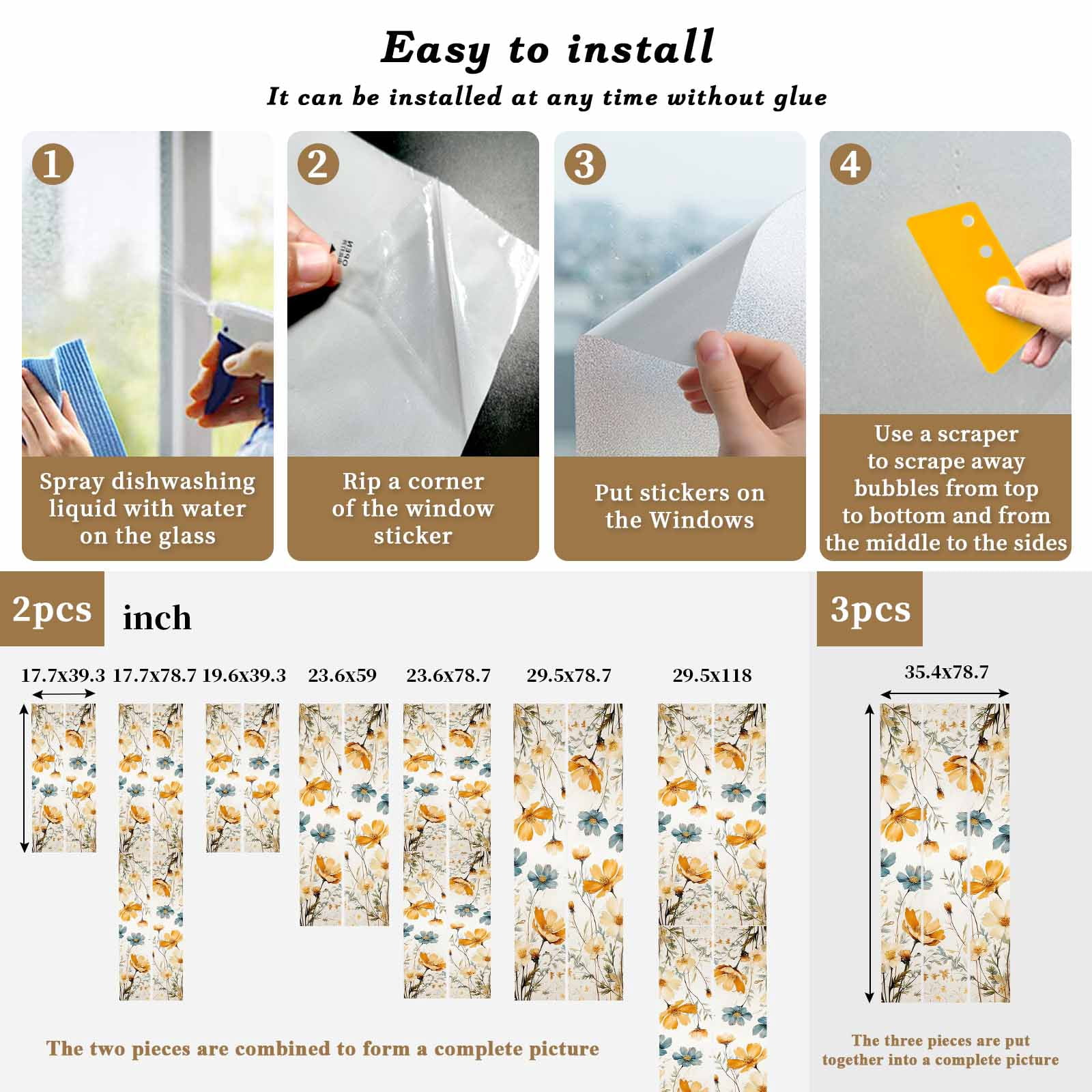 Yellow Blue Spring Floral Window Privacy Film, Watercolor Summer Botanical Static Cling UV Sun Blocking Tint Film Heat Control Windows Films for Bedroom Bathroom, Window Stickers 23.6"x59"