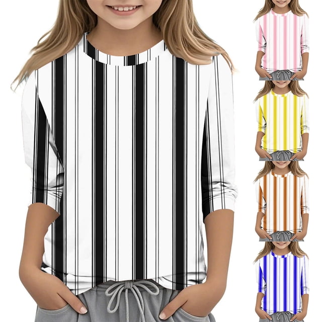 Jinhomg Blouse Décontractée à Rayures pour Filles, Tunique Ample Confortable à Manches 3/4 et Col Rond, Légère pour le Printemps et l'Été, Pulls Légers, Soldes à 90 %, Bleu, 9 Ans