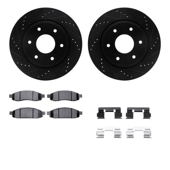 Dynamic Friction Company Front Brake Rotors-Drilled and Slotted-Black with 5000 Advanced Brake Pads includes Hardware 8512-67113