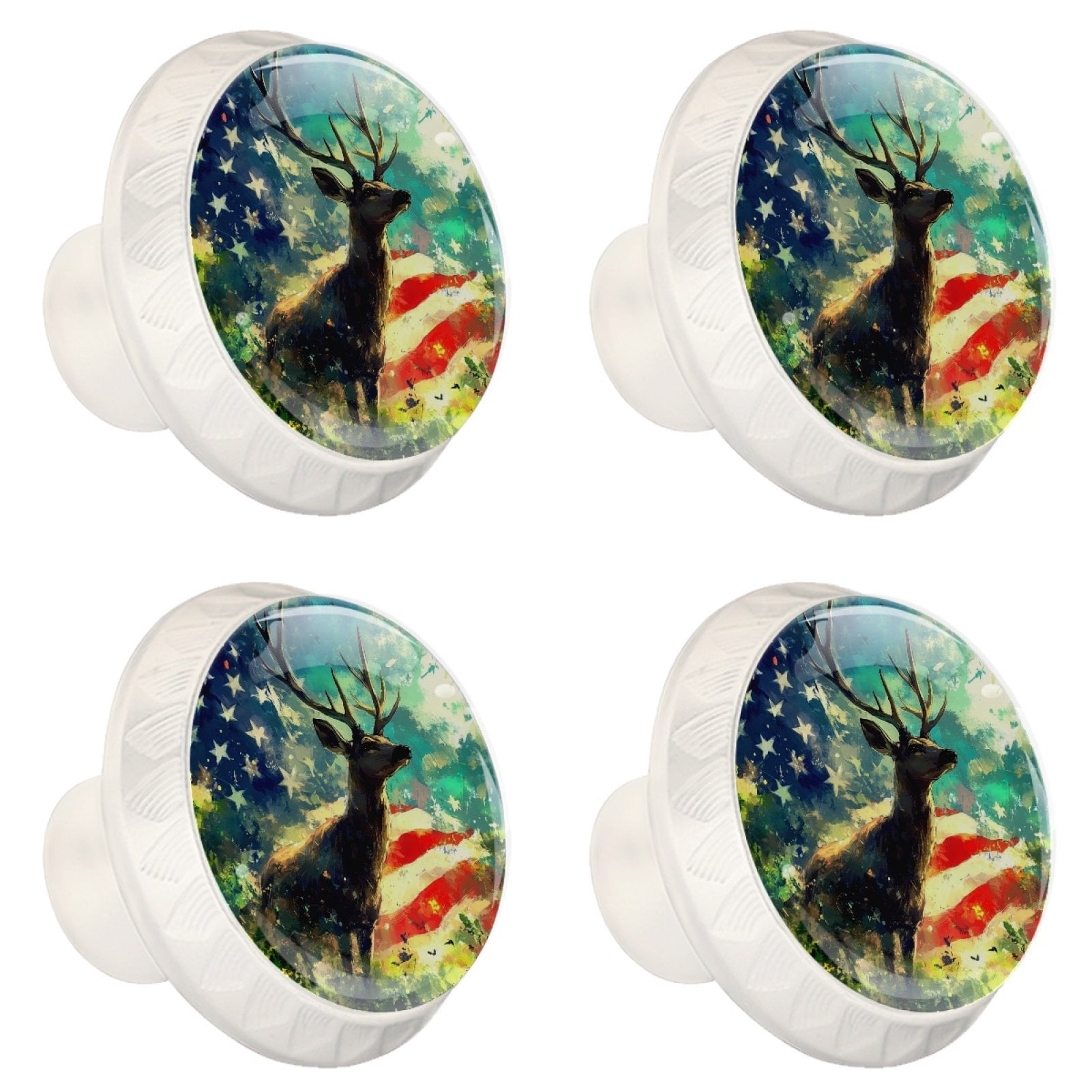 4 Pcs Deer and American Flag Knobs for Kitchen Cabinet Cupboard Dresser Bookcase Drawer Pulls Handles Round Home Decor
