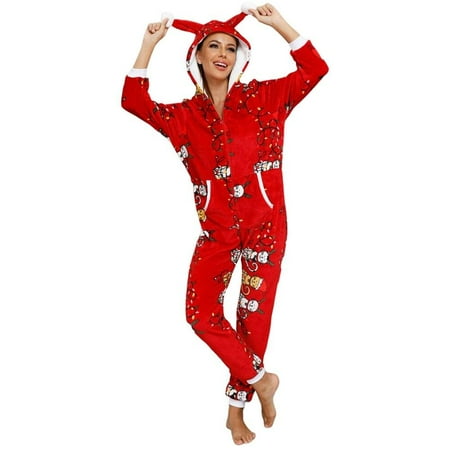 

Clearance!Winter Onesies Plush Christmas Pajamas Romper Jumpsuit Women Flannel Hooded Xmas Sleepwear Nightwear Zipper Outfits Red L