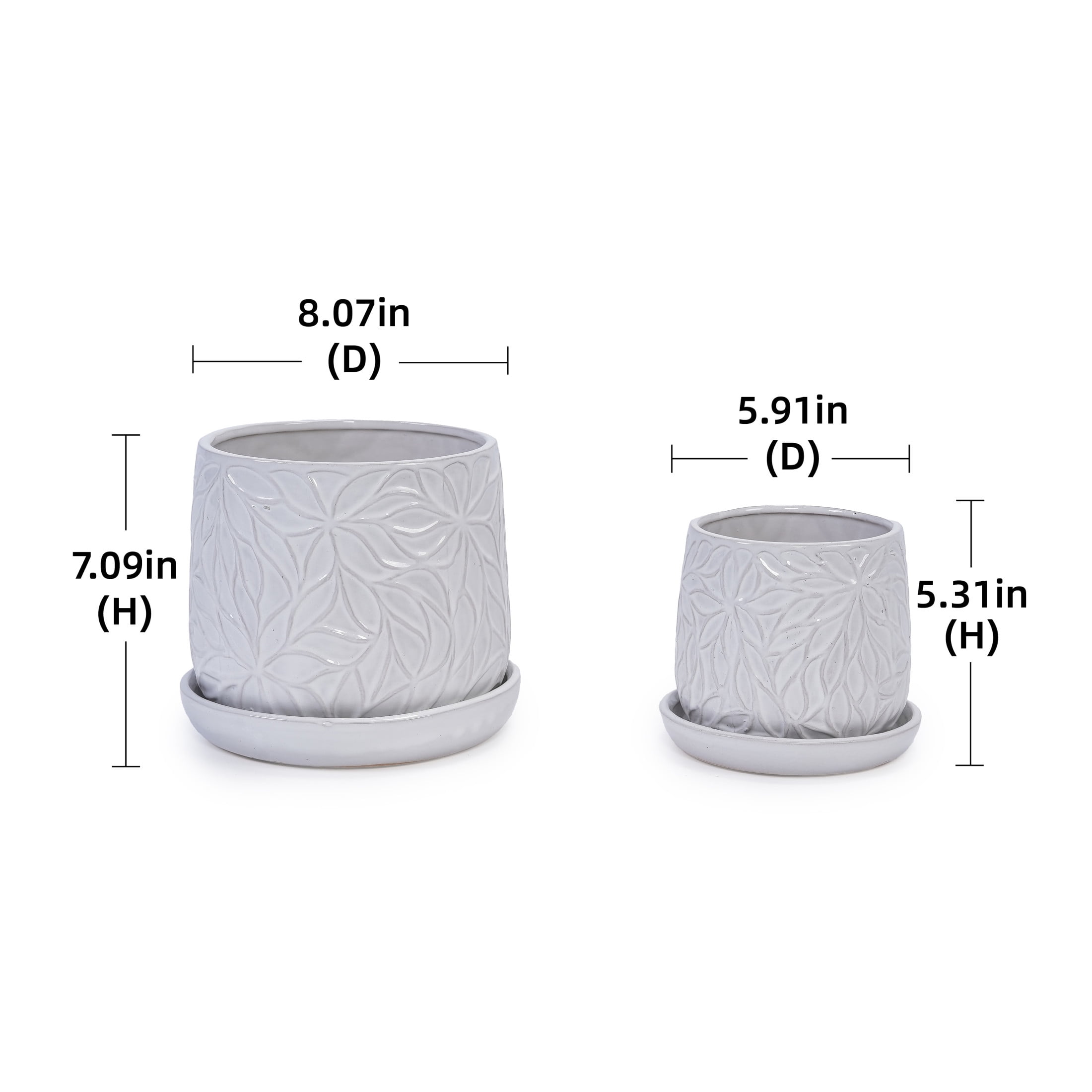 Noble House Olivia Embossed Leaf Ceramic Planter Set, Modern Flowerpots with Drainage, Set of 2, Gloss White