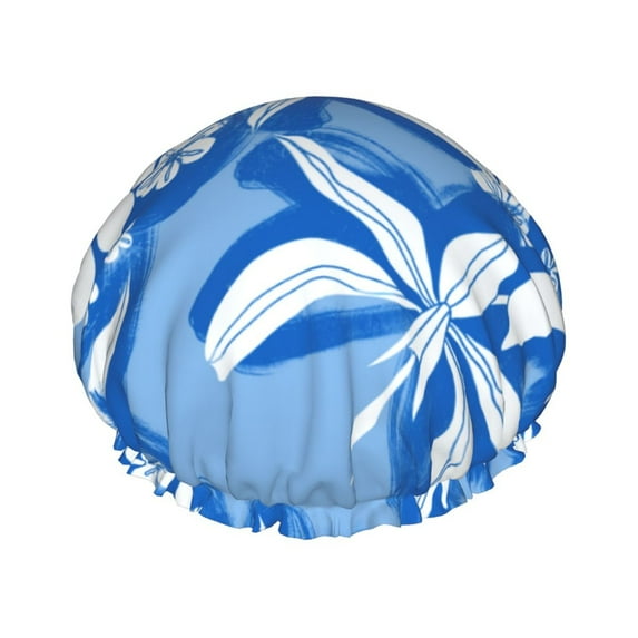 YFYANG Women's Double Waterproof Shower Cap, Blue Flower Doodle Reusable Hair Cap for All Hair Styles and Head Sizes