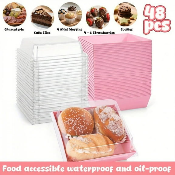 YFLXDMLYYSC 48pcs Pink Oil-Proof Paper Cake Slice Boxes With Clear Lids - 4.72inch Food-Dessert Containers For Bakery, Macarons, Cookies, Charcuterie, Treat Boxes Dessert Boxes