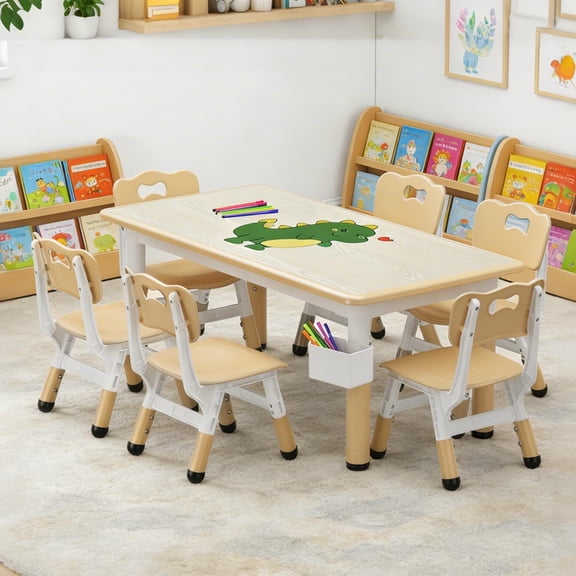 EuKer 7 Pcs Kids Table and Chairs, 47.2" x 23.6" Children Activity Table with Graffiti Desktop and Adjustable Height for Classroom, Daycare, Home, Natural